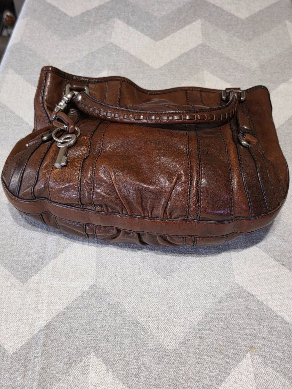 Betsey Johnson Brown Leather Shoulder Bag With Ruched Details Metal Accents & In